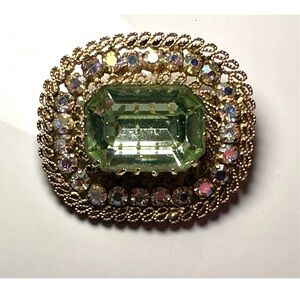 Vintage Green Crystal Brooch Irridescent Crystals Gold Tone Intricate Design